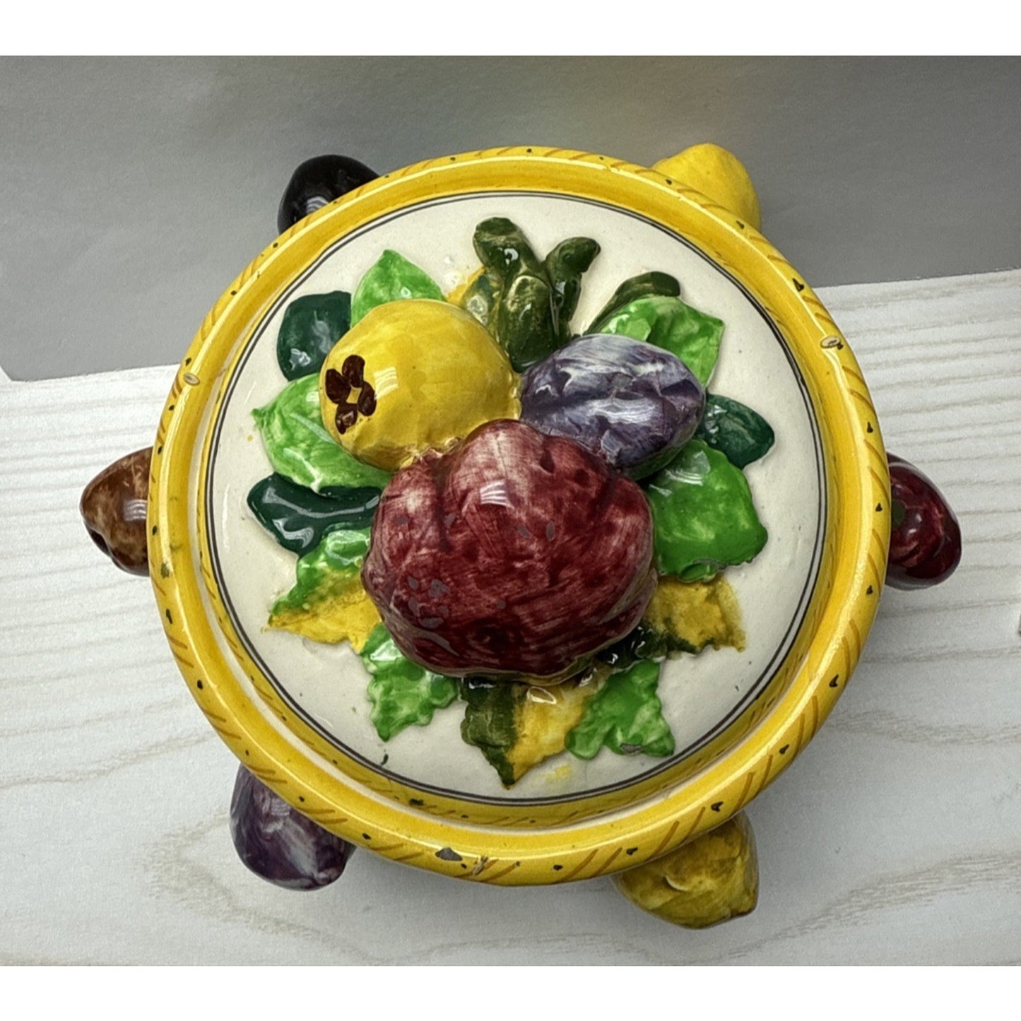 Vtg Fruit Majolica Serving Bowl Dish Lid Tureen Italy Preserve Pot As Is Rread