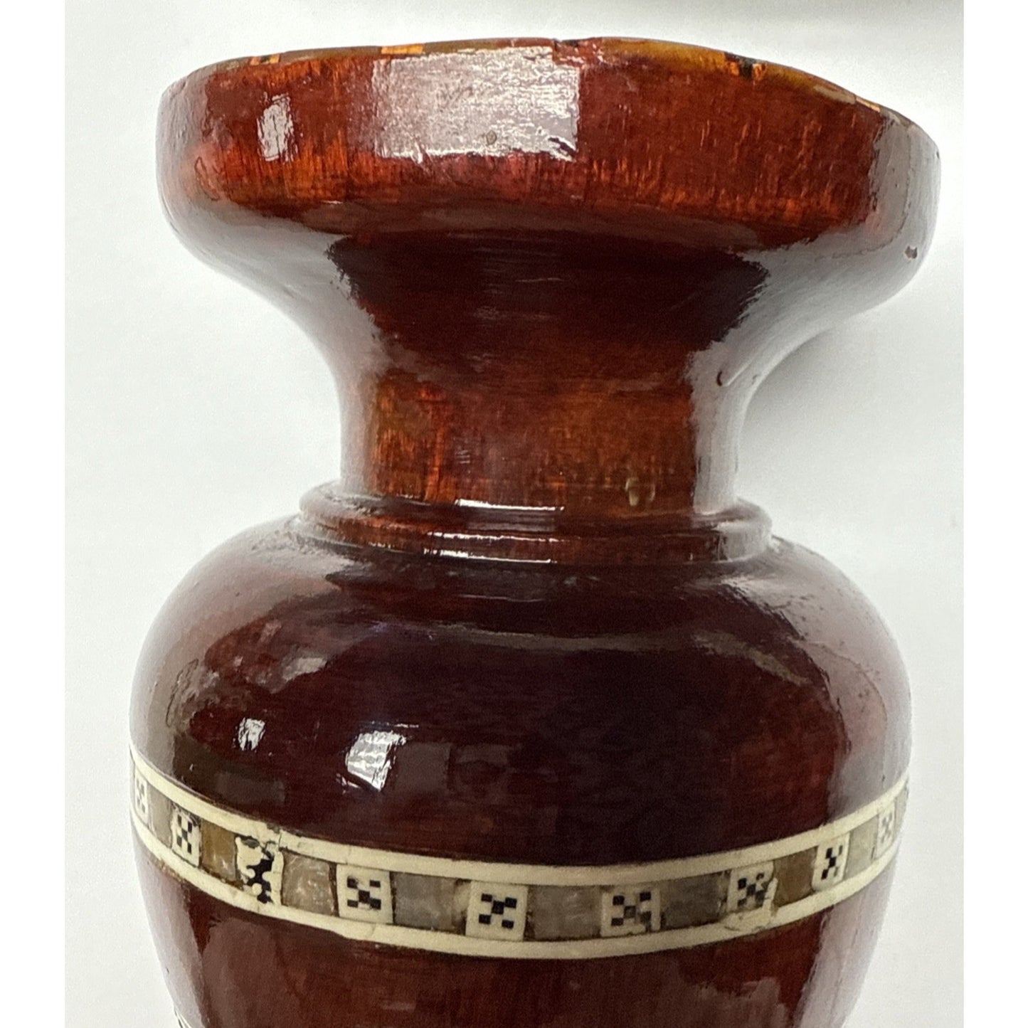 Vtg Egyptian Beechwood Inlaid Mother of Pearl Abalone Vase Mosaic Pattern As-Is