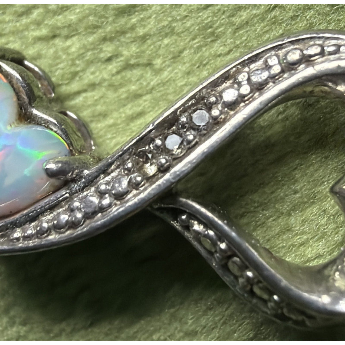 Vintage LA 925 Sterling Silver Double Heart Pendant Opal Diamond Chip