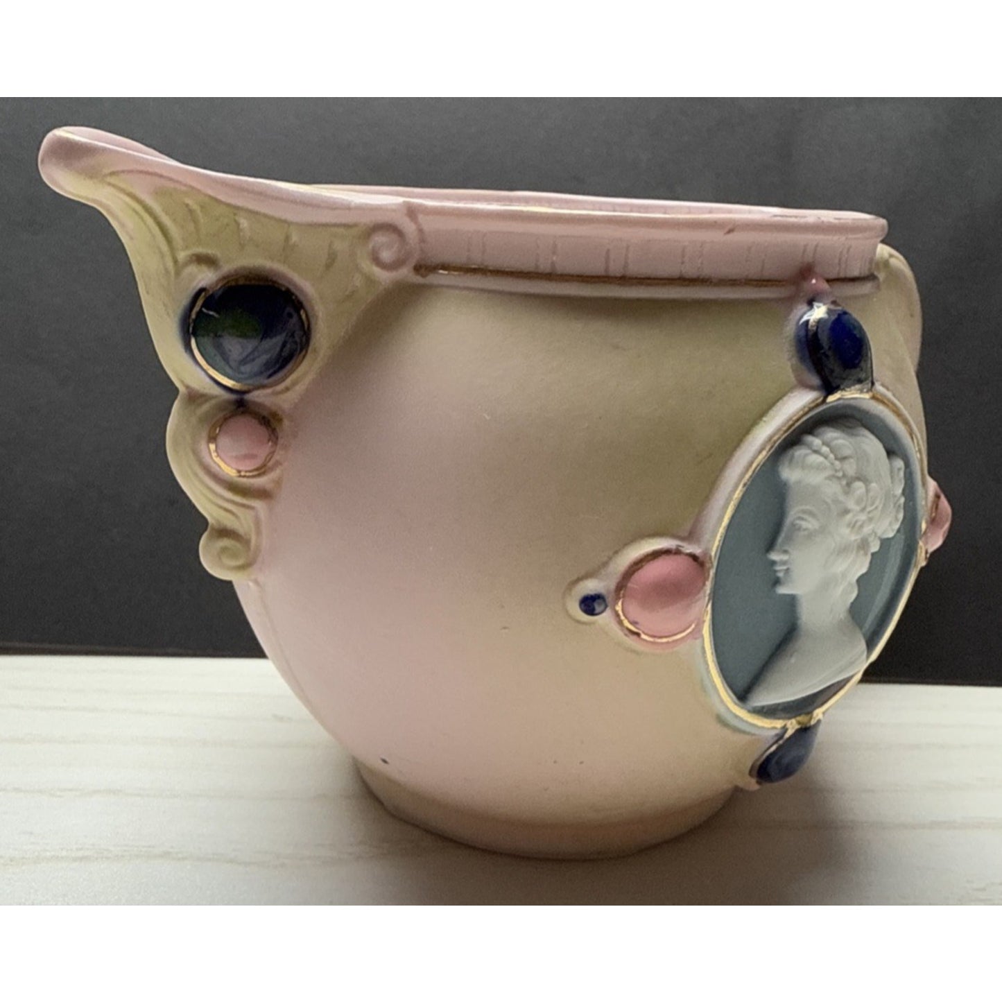 Antique Schafer Vater Bisque Porcelain Pink Jeweled Cameo Pitcher Creamer As Is