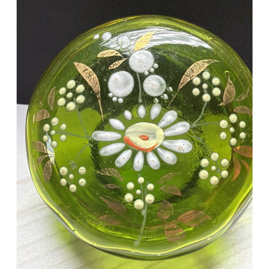 Antique Moser Bohemian Blown Glass Hand Painted Enamel Green Hinged Trinket Box