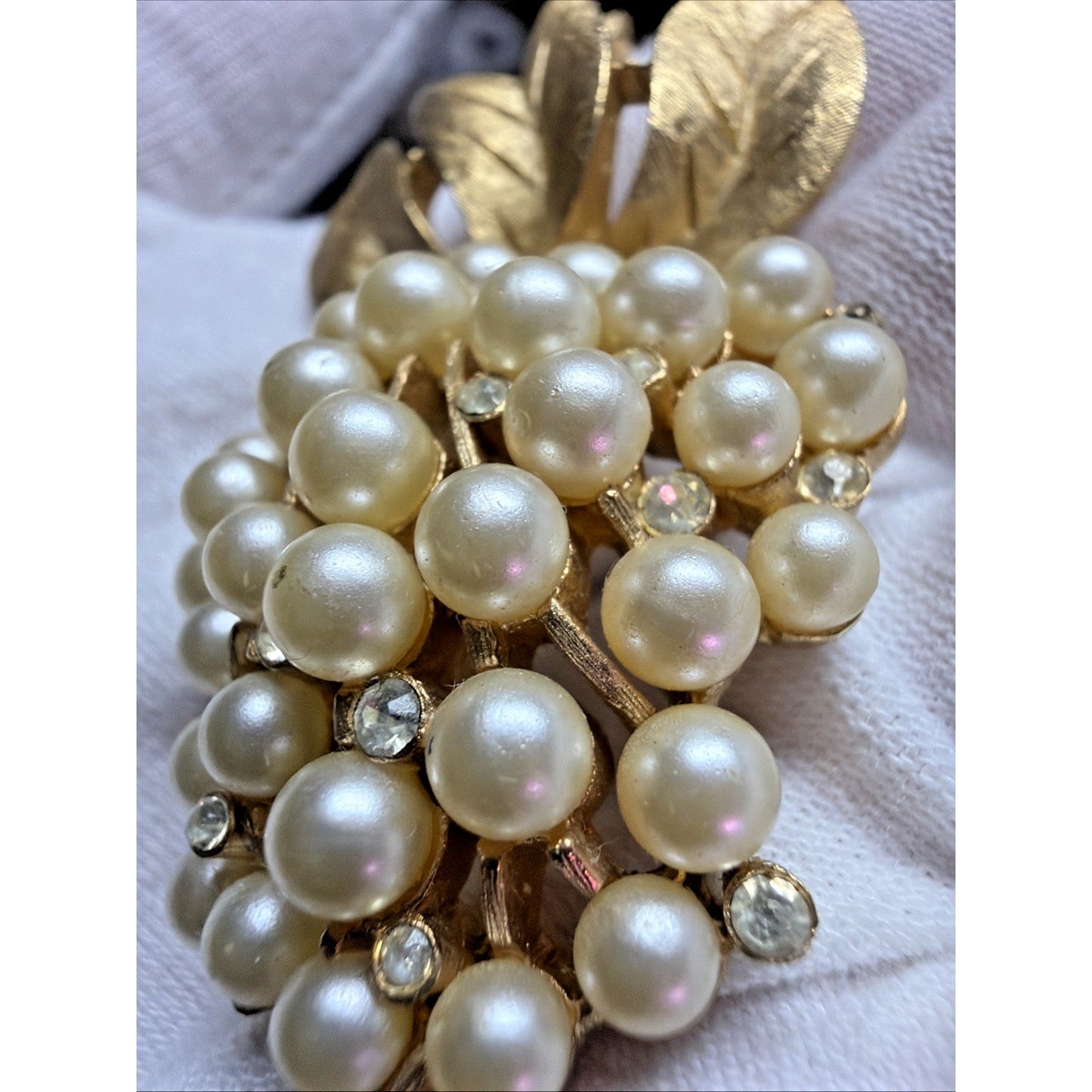 Vintage Crown Trifari Faux Pearl Rhinestone Grape Cluster Brooch Pin Gold Tone