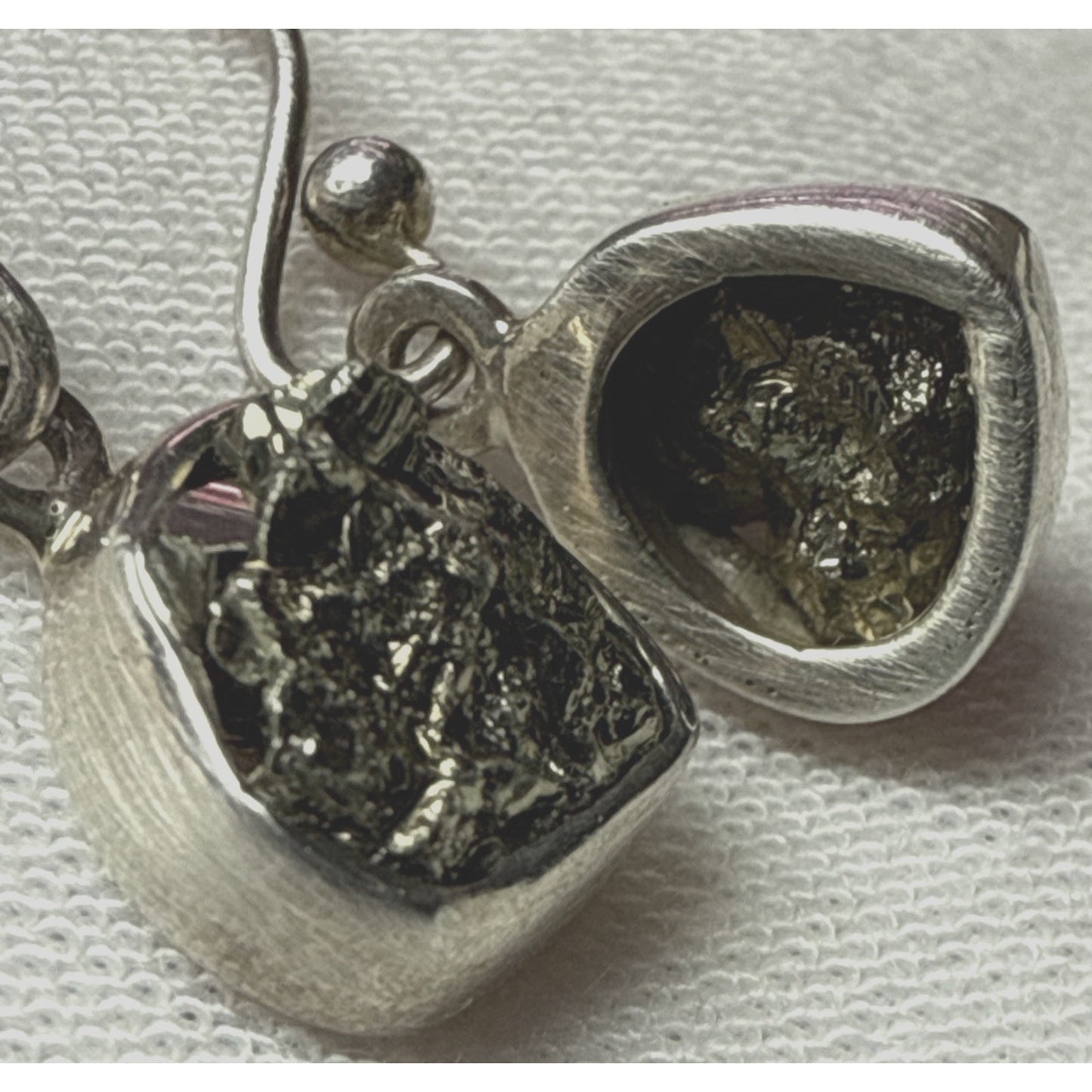 Vintage NC 925 Sterling Silver Rough Pyrite Druzy Bezel Dangle Earrings