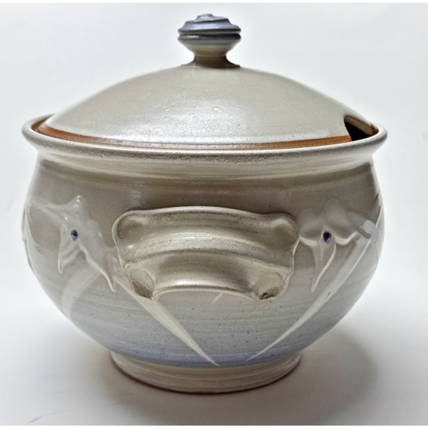 Noble Studio Art Pottery Casserole Lidded Trillium Blue White Handles