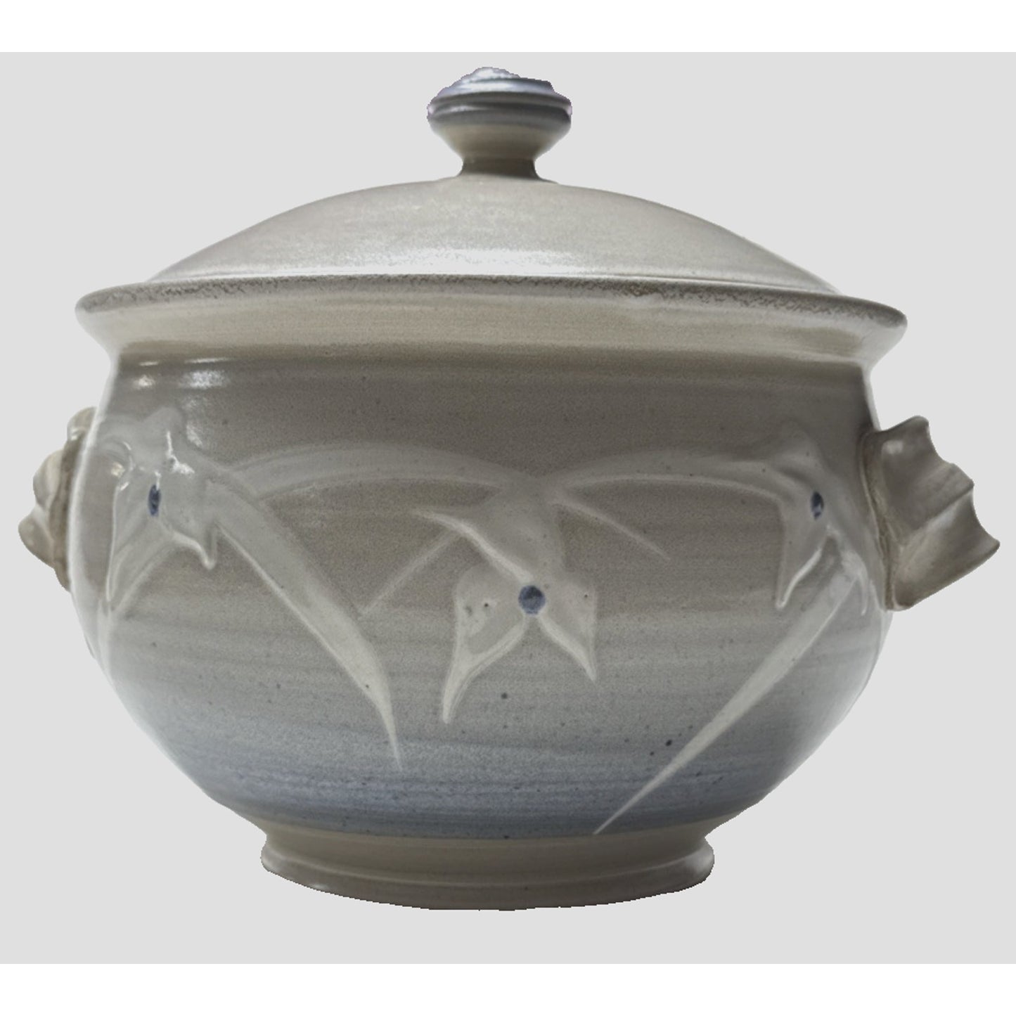 Noble Studio Art Pottery Casserole Lidded Trillium Blue White Handles