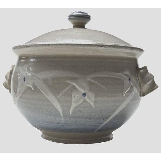 Noble Studio Art Pottery Casserole Lidded Trillium Blue White Handles