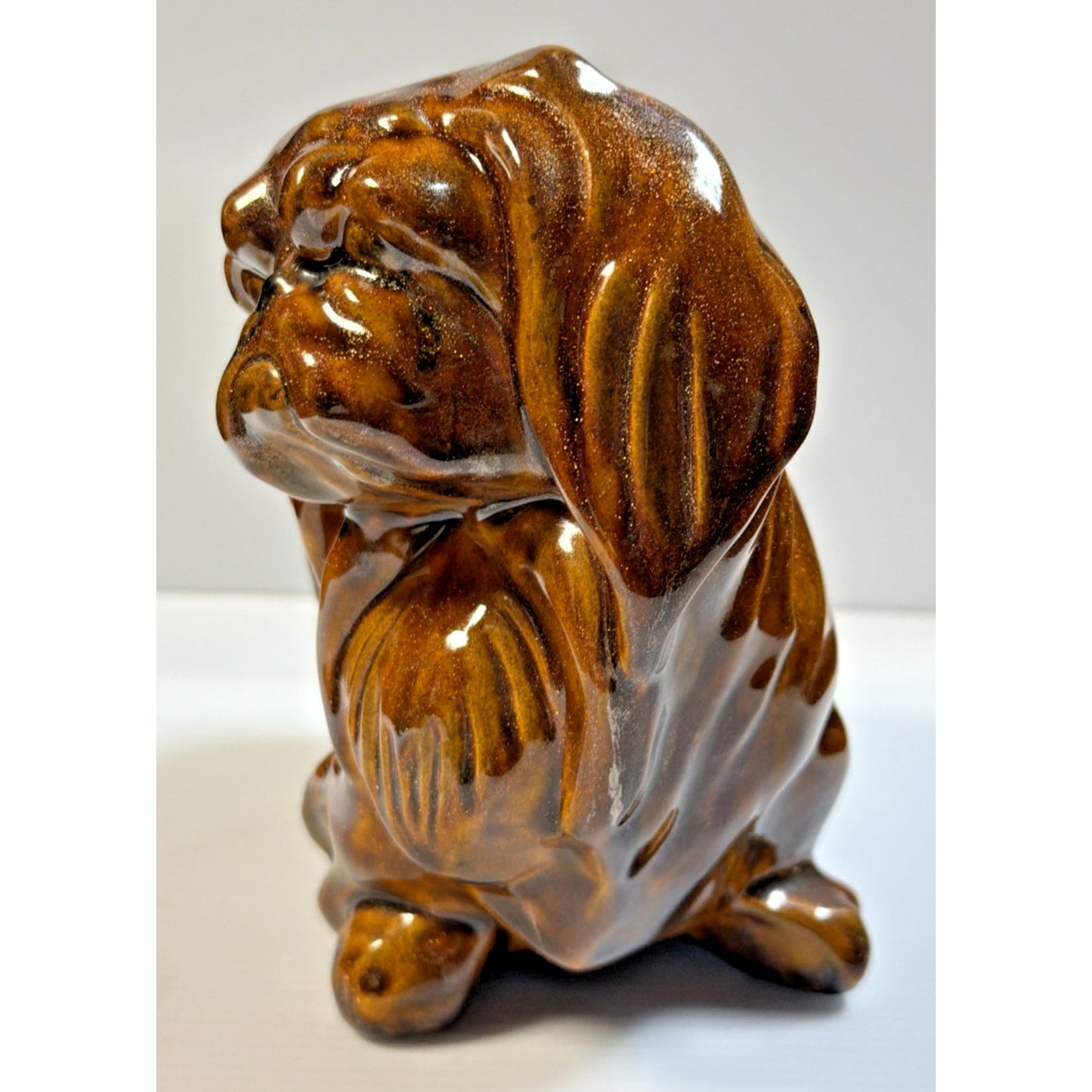Vintage Pekingese Dog Statue Ceramic Mold Brown Copper Aventurine Glaze Signed