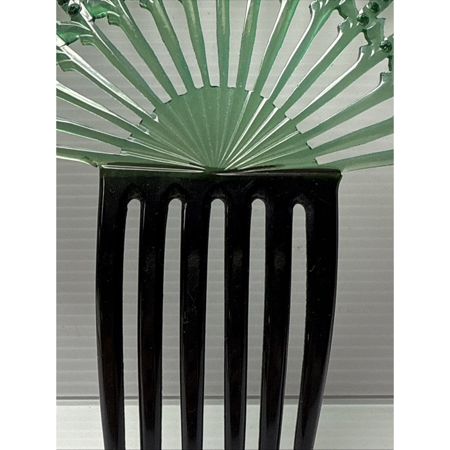 Art Deco Large Fan Shape Hair Comb Green Black Celluloid Rhinestone As-Is
