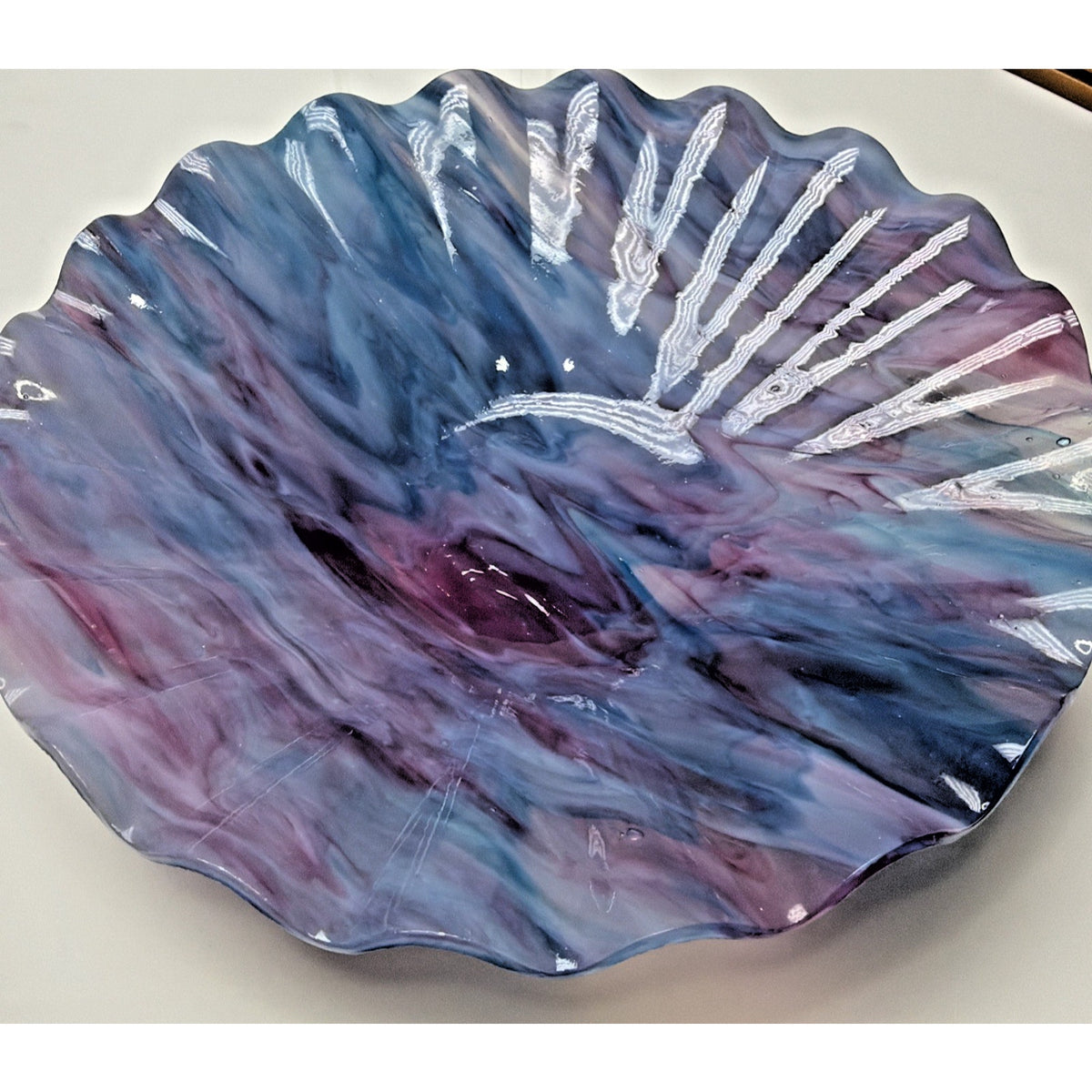 Vintage Ken Sprankle Stained Art Glass Crimped Edge Bowl Marbled Abstract As Is