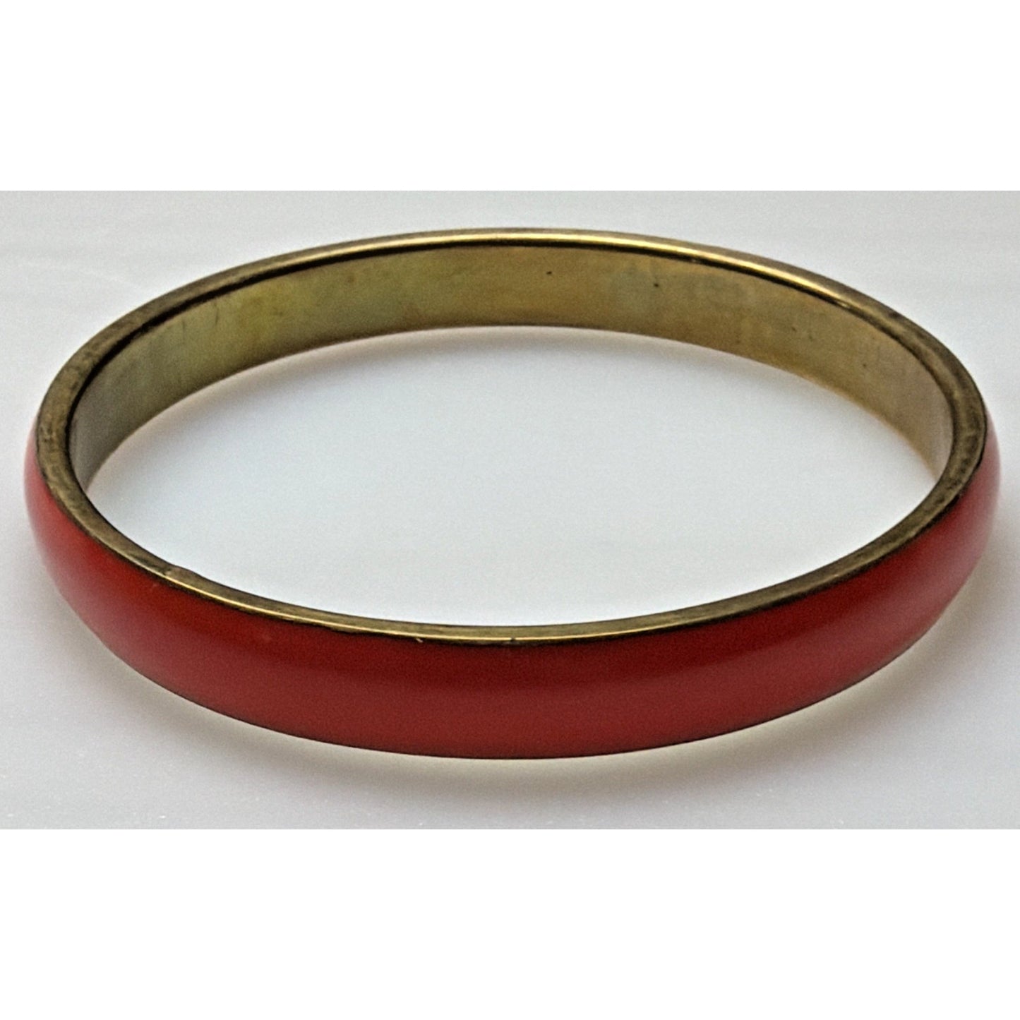 Vintage Gold Tone Metal Brass Bangle Bracelet Orange Red Celluloid Lucite