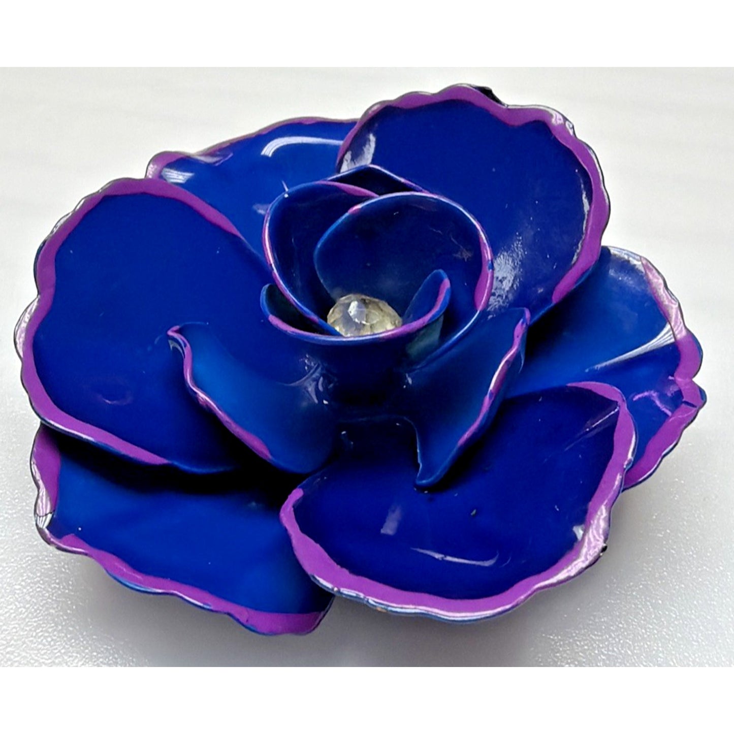 Vintage Blue Metal Purple Enamel Flower Bloom Pin Brooch Large