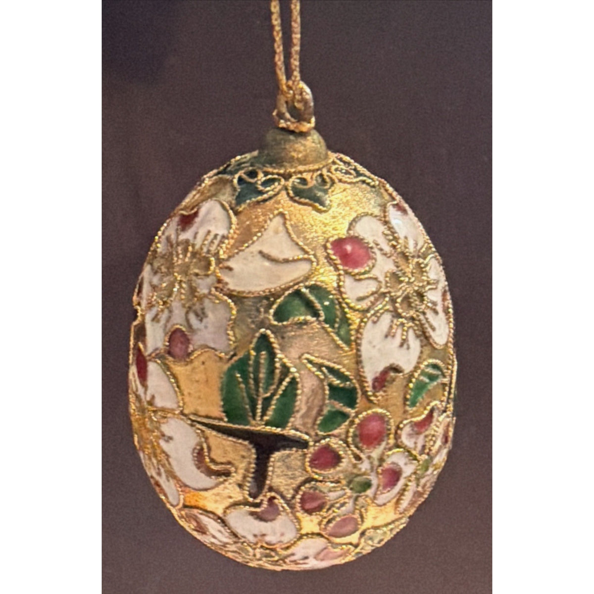 Vintage Enamel Cloisonné Egg Ornament Floral White Gold As Is