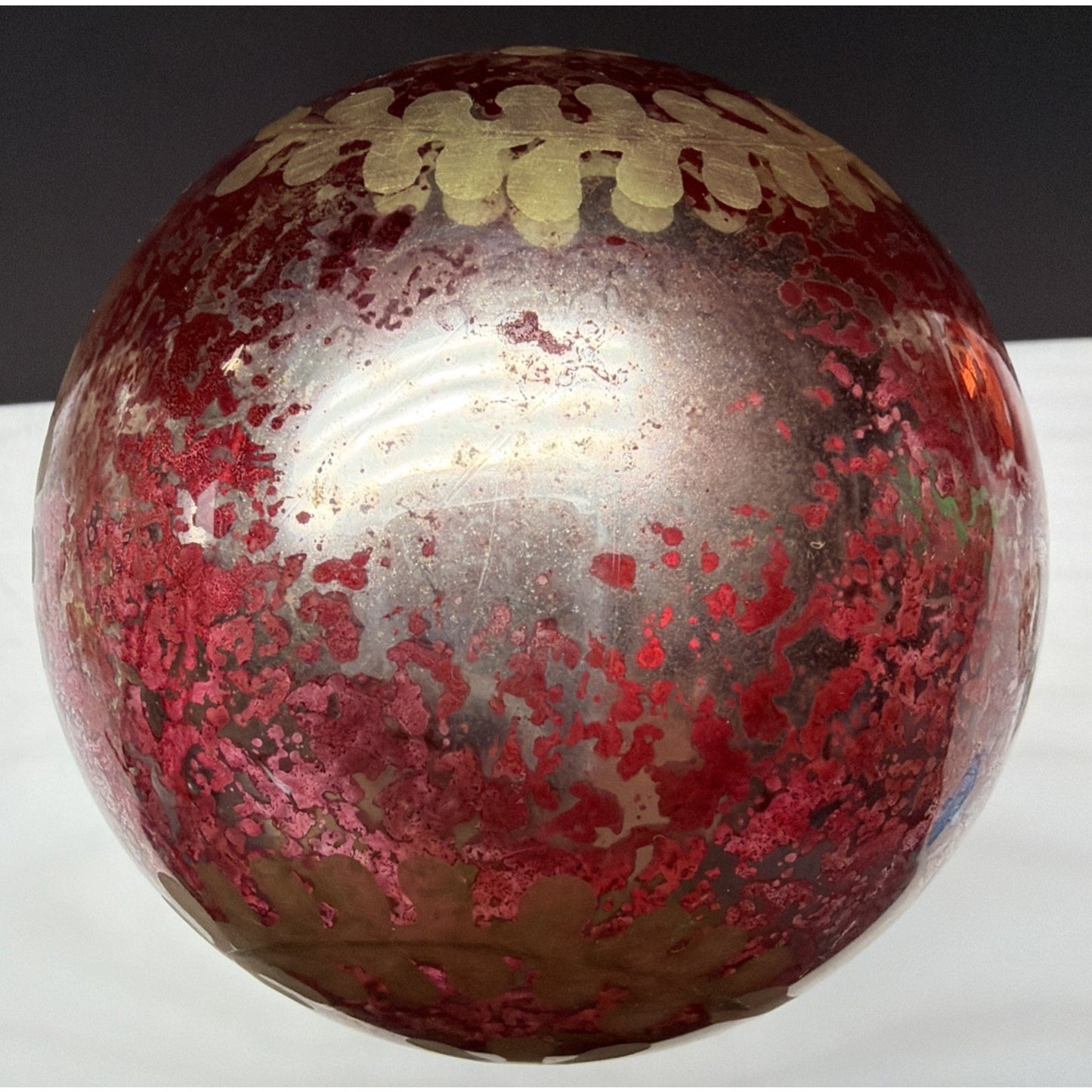 Pottery Barn Red Mottle Mercury Glass Ornament Gold Etched Snowflake As Is Read