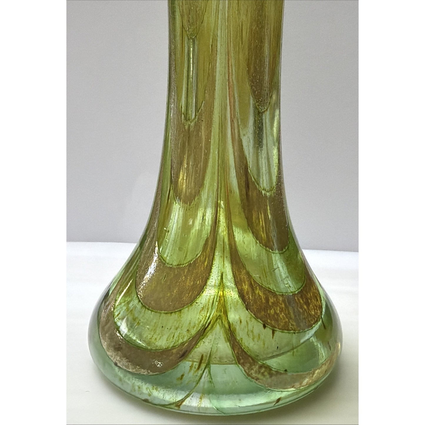 Art Nouveau Kralik Art Glass Marine Green Gold Iridescent Combed Feather Vase