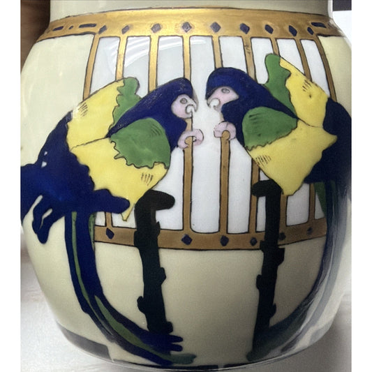 Antique Imperial Austria Hand Painted Parrot Jar Canister Humidor Lid As Is