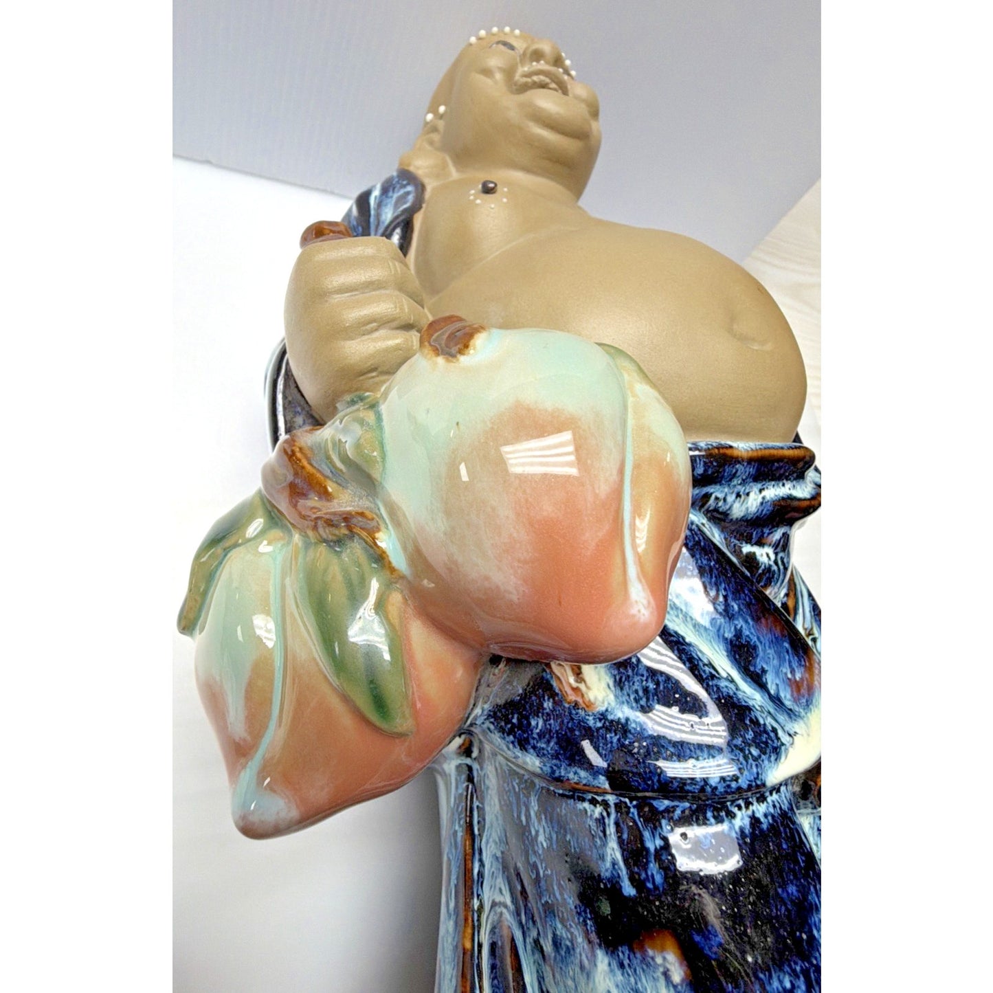 Shiwan Mudman Pottery Chinese Blue Flambe Glazed Happy Buddha Sculpture Hotei