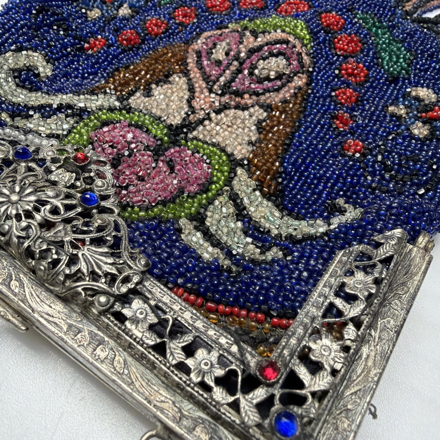 Art Deco Micro Beaded Flapper Bag Purse Ornate Metal Frame Bezel Jewel Kiss Lock