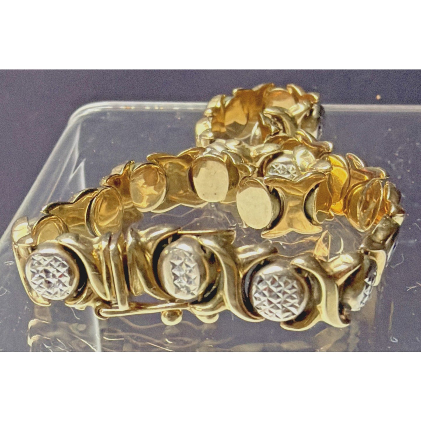 14k Yellow White Gold Diamond Cut XO Link Bracelet Stampato Turkey 9.92 grams