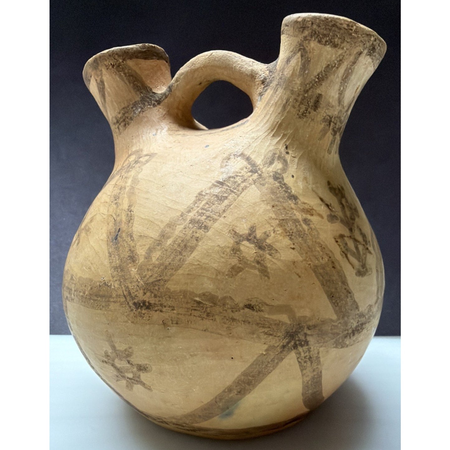 Old Berber Moroccan Pottery Vessel Double Spout Jug Hand Drawn Painted As Is