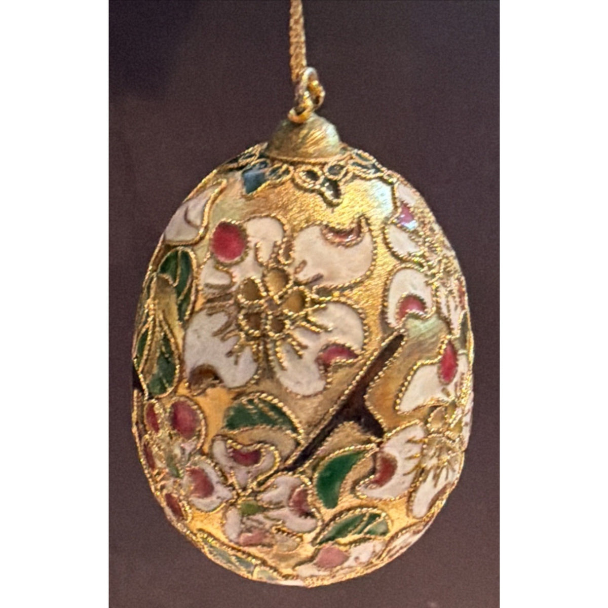 Vintage Enamel Cloisonné Egg Ornament Floral White Gold As Is