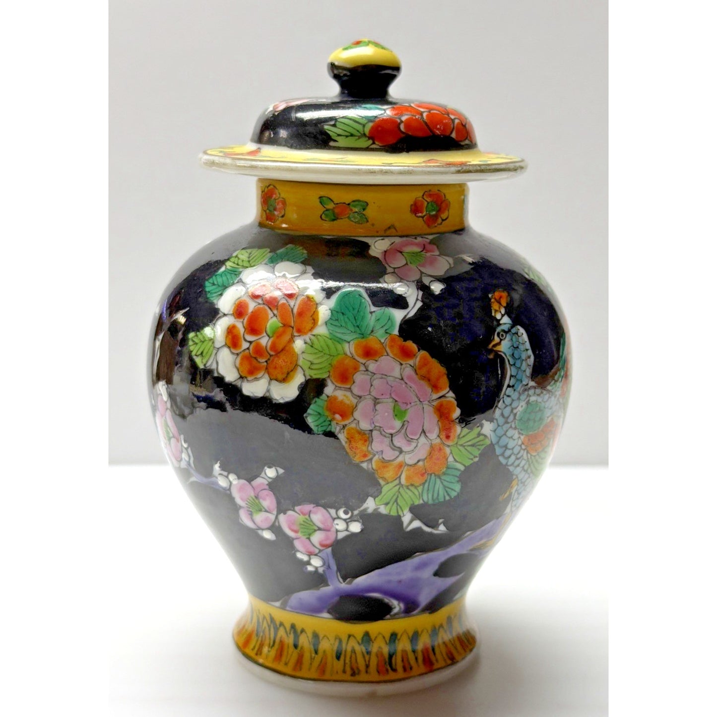 Vintage Japanese Hand Painted Black Porcelain Phoenix Ginger Jar Urn Lid Floral