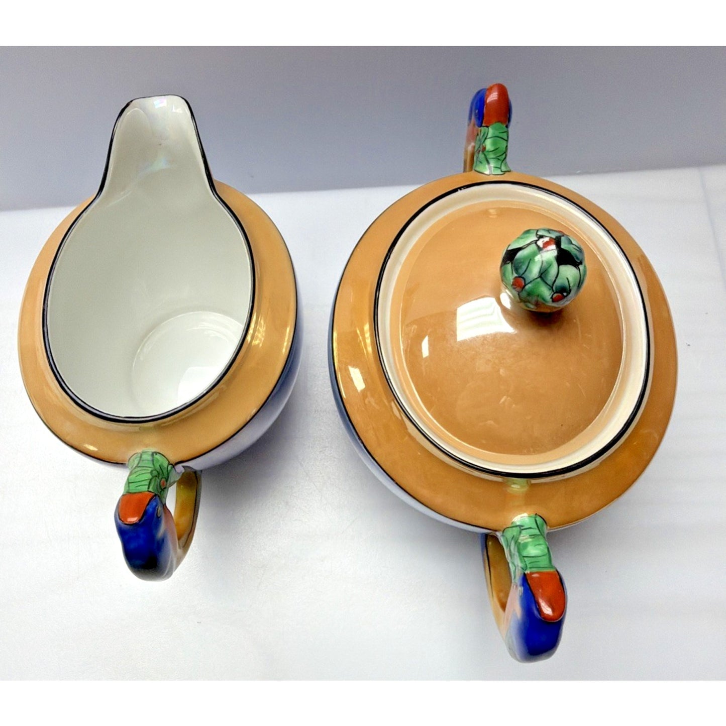 Art Deco Noritake Morimura Lusterware Figural Parrot Handles Creamer Sugar Bowl