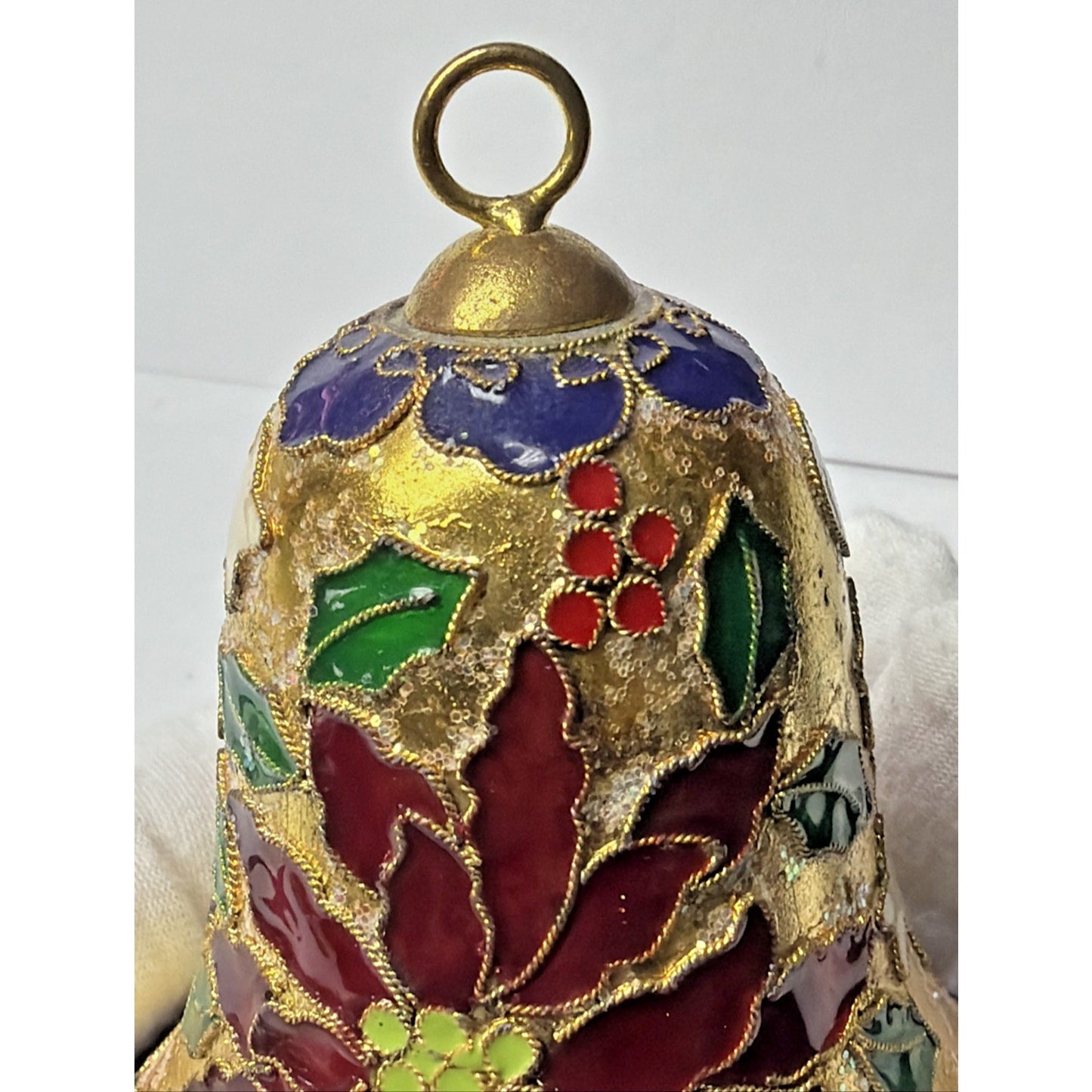 Vintage Enamel Cloisonné Bell Christmas Ornament Holly Berries Poinsettia