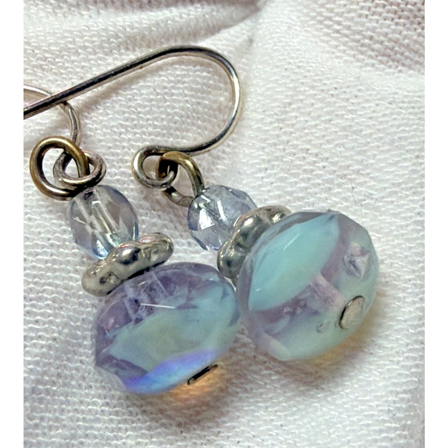 Vintage Sterling Silver Faceted AB Crystal Glass Uranium Dangle Earrings Mottled