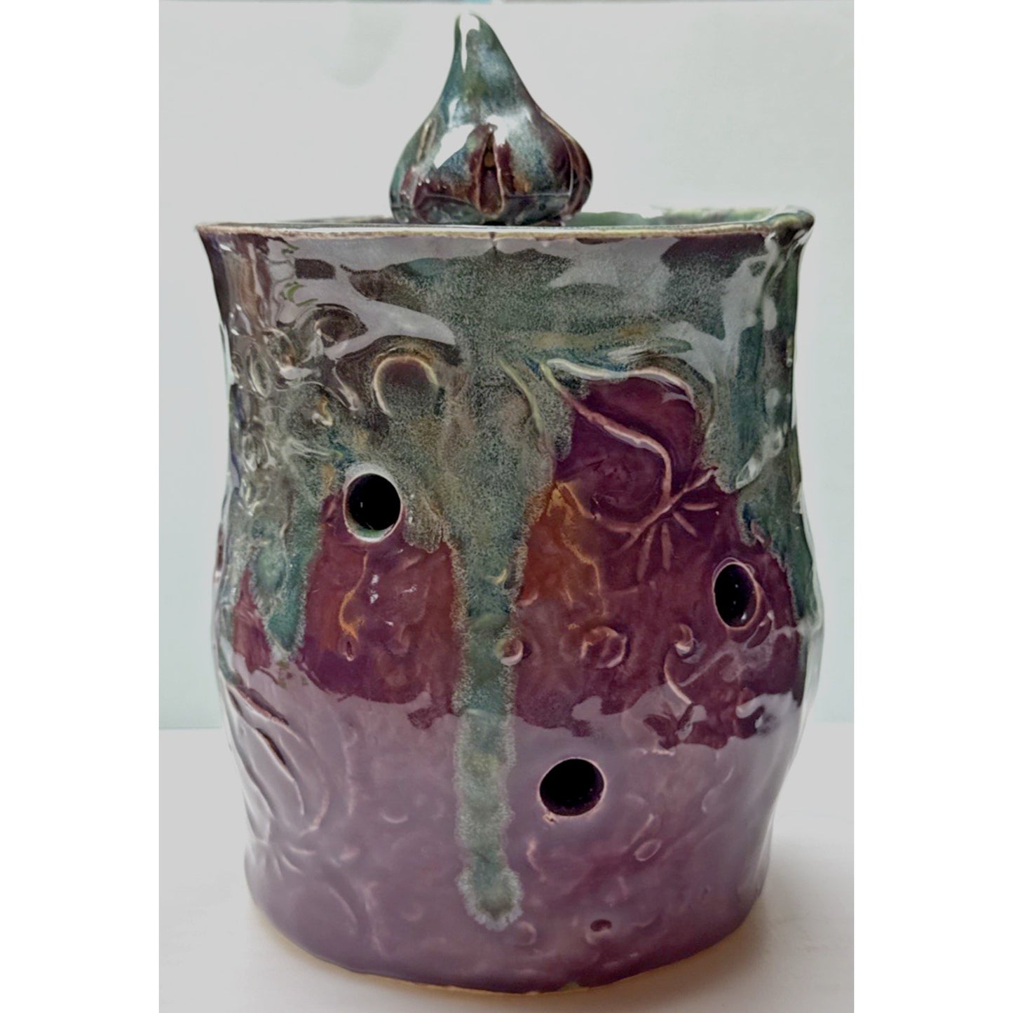 Studio Art Pottery Garlic Keeper Jar Canister Figural Lid Drip Glaze Signed