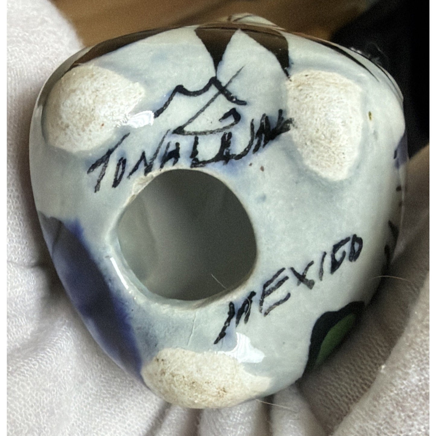 Vintage Mexican Tonala Pottery Owl Hand Painted Glazed Floral Signed As Is