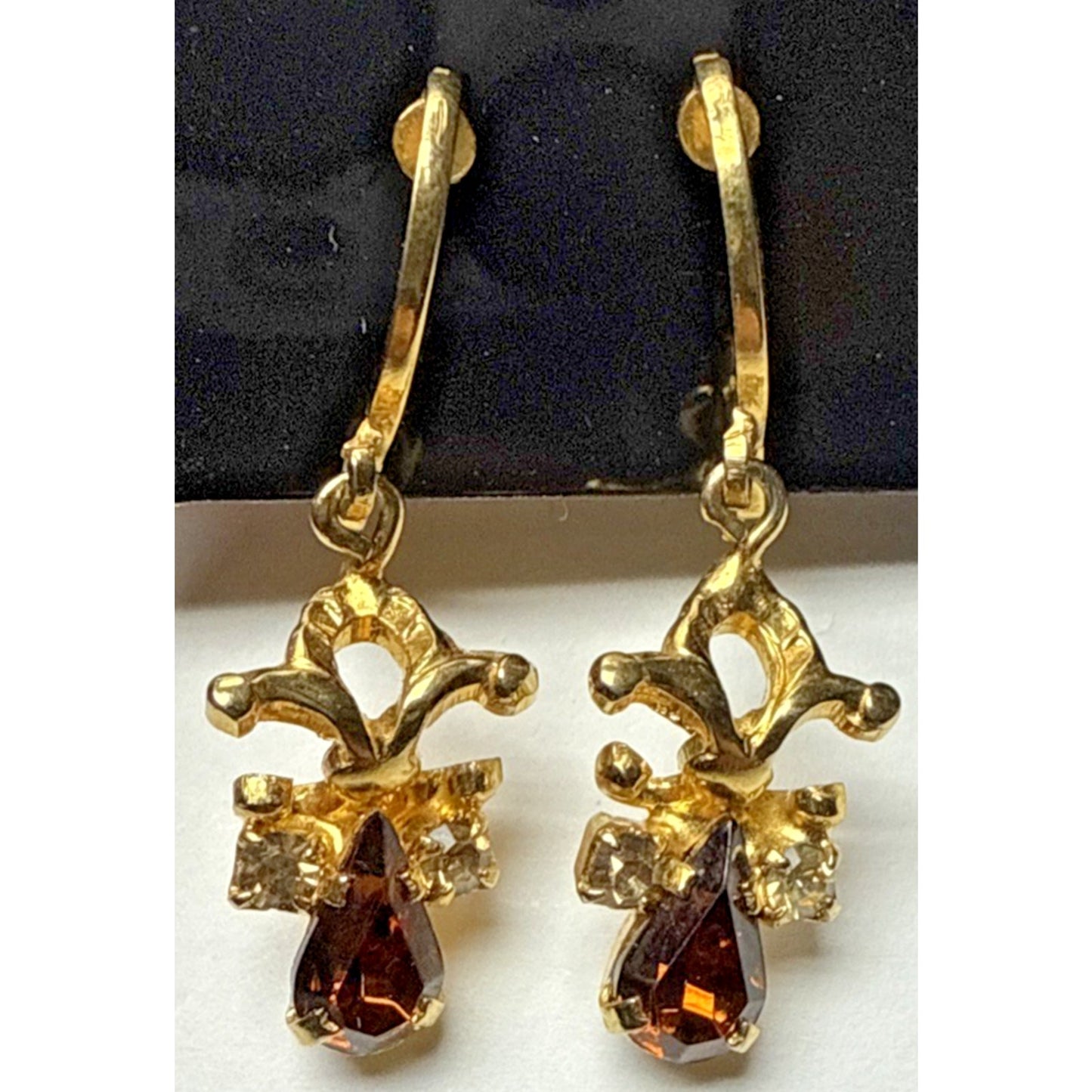 Vintage Austria Clip On Earrings Dangle Rhinestone Clear Brown Angel