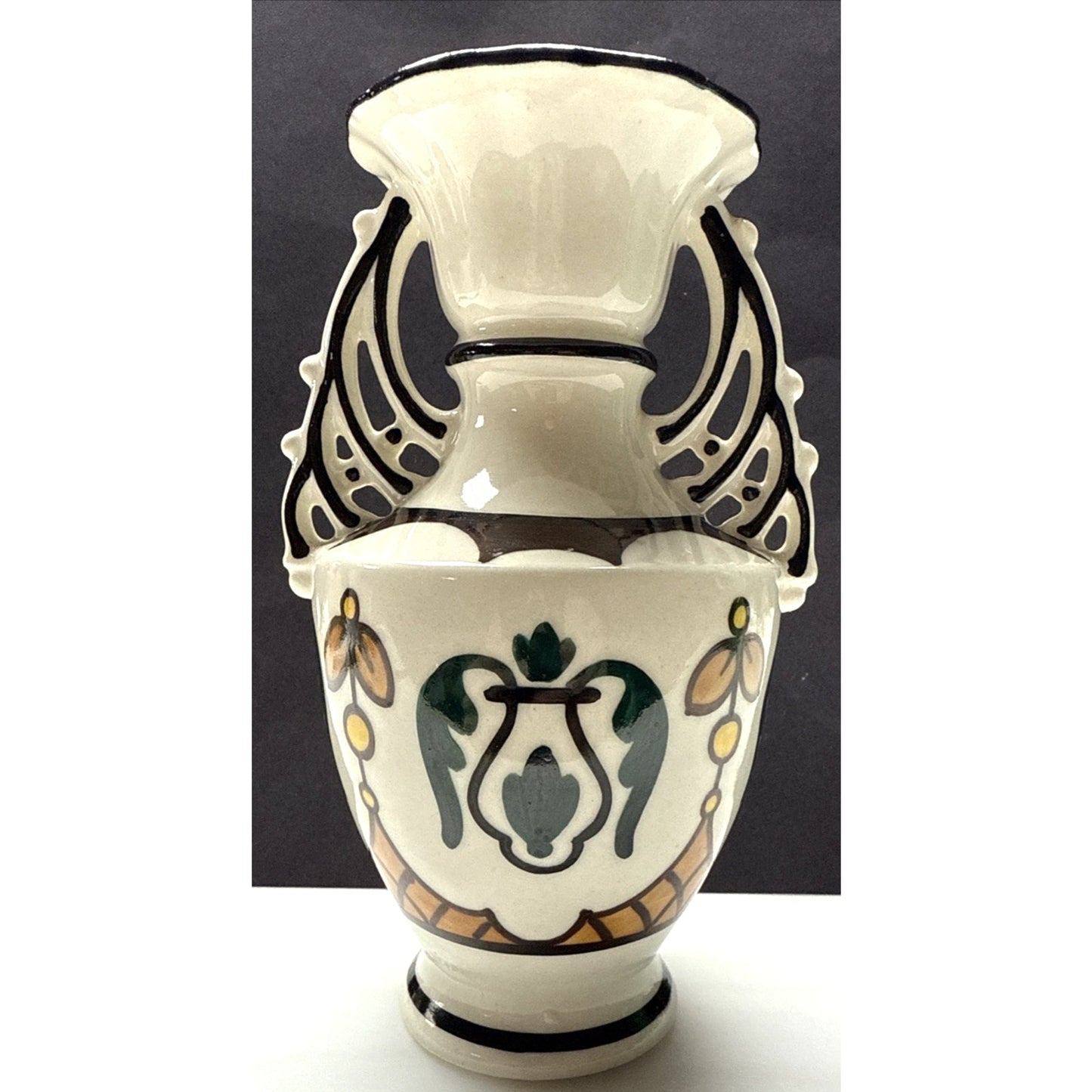 Art Deco Czech Art Pottery Bohemian Double Handle Vase Hand Painted