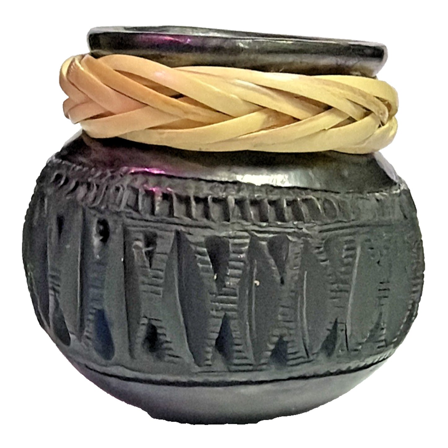 Mexican Folk Art Barro Negro Oaxaca Reticulated Black Pottery Vase Woven Straw