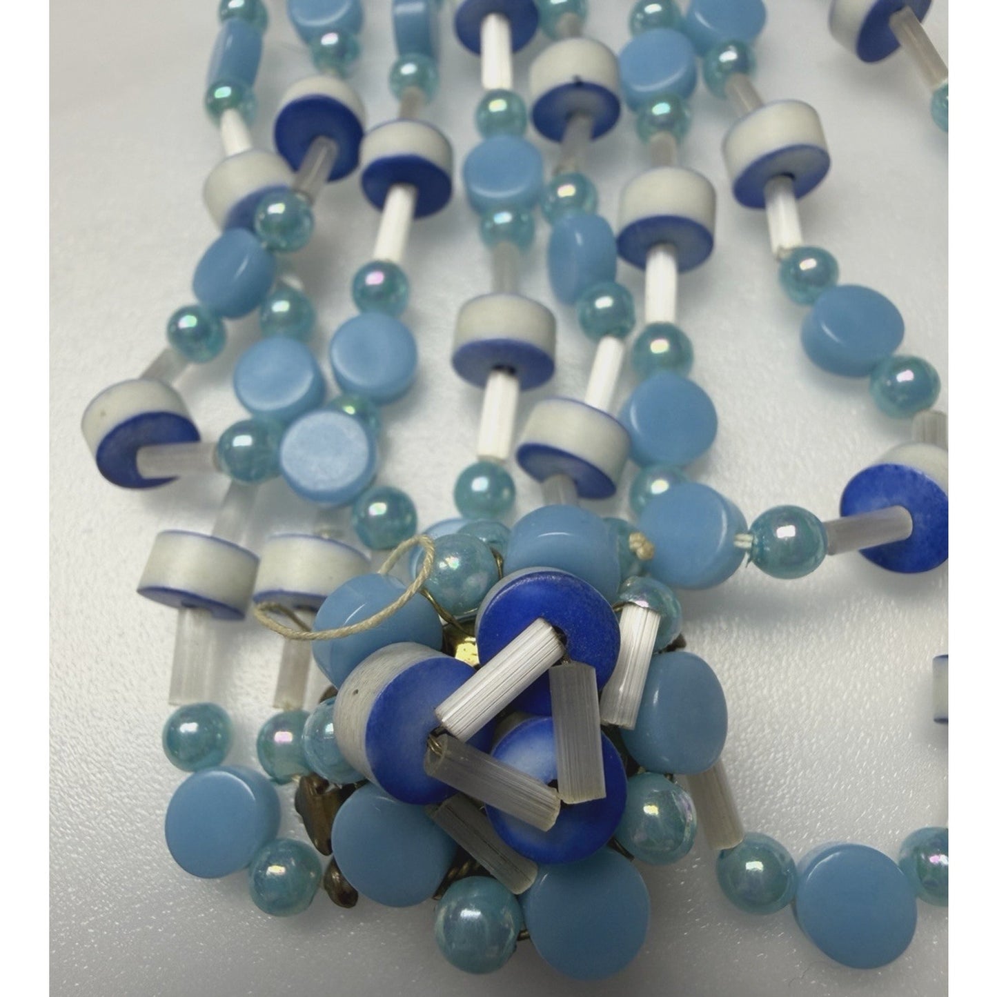 Japan Blue White Multi Strand Beaded Necklace Clip Earrings Jewelry Set As Is