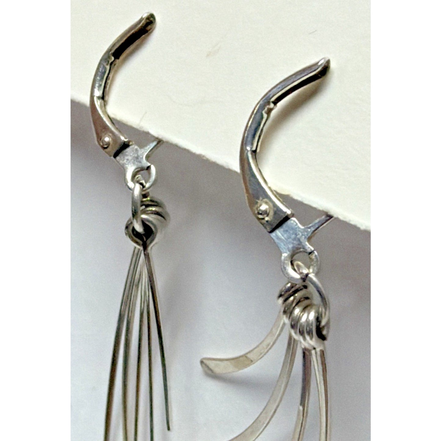 Vintage Sterling Silver Fan Fringe Feather Dangle Hinged Hook Earrings