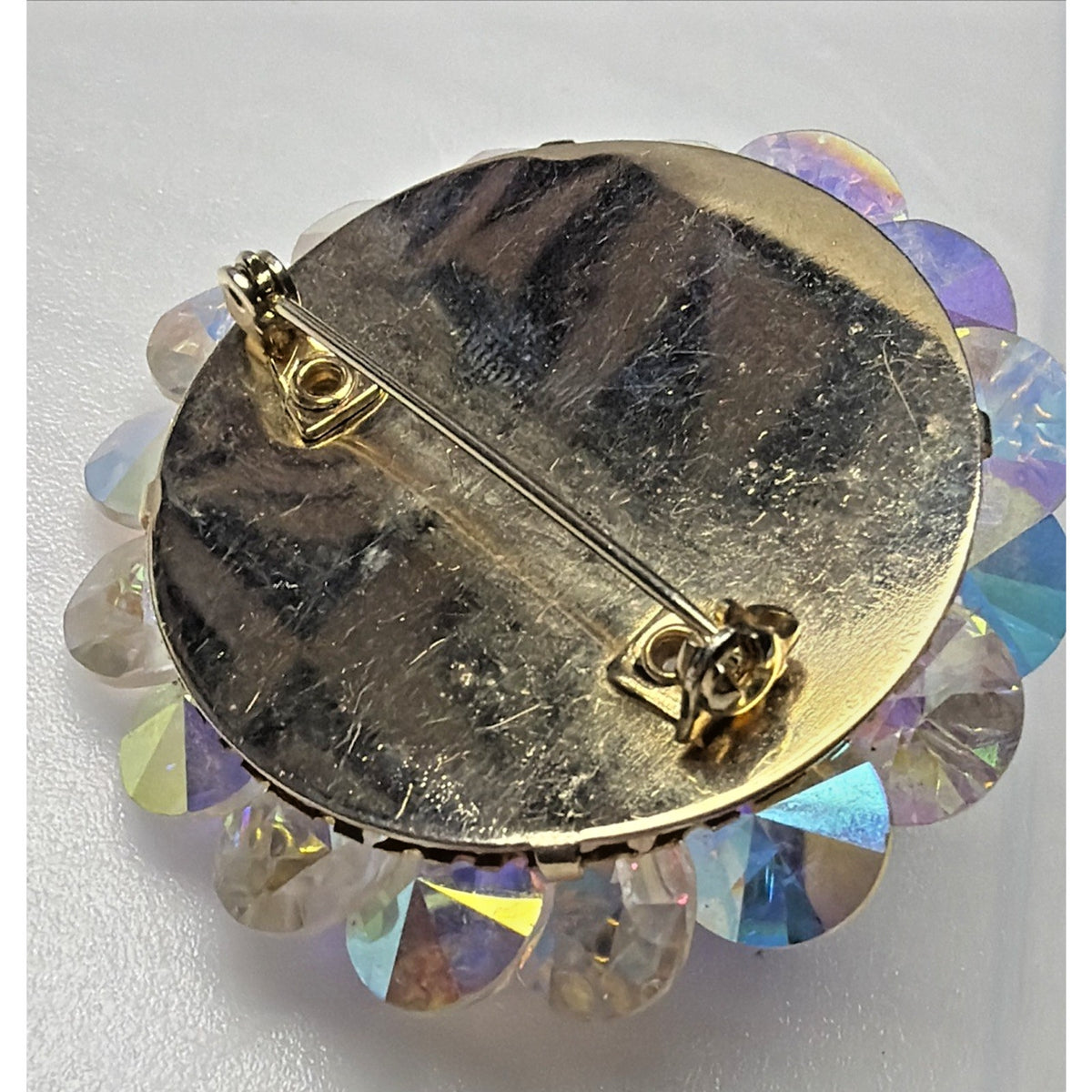 Vintage AB Crystal Faceted Rhinestone Brooch Rivoli Beaded