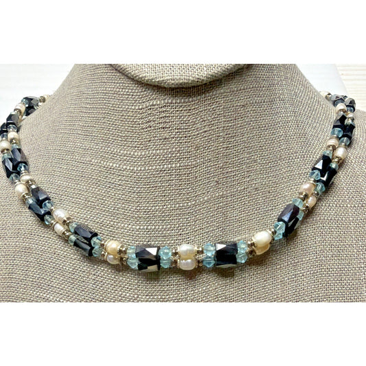 Vintage Layered Beaded Hematite Magnetic Necklace Bracelet Pearl Blue Crystal