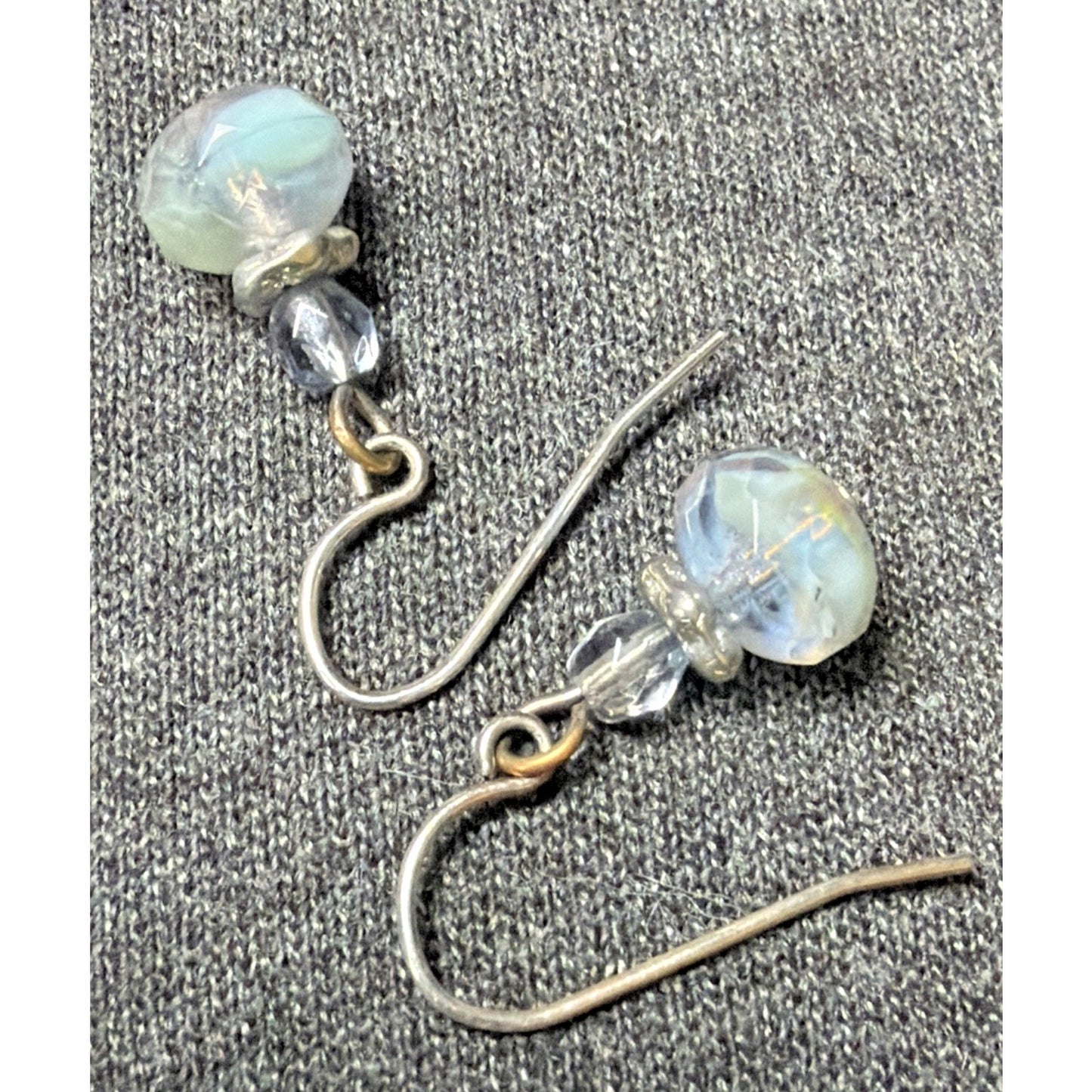 Vintage Sterling Silver Faceted AB Crystal Glass Uranium Dangle Earrings Mottled