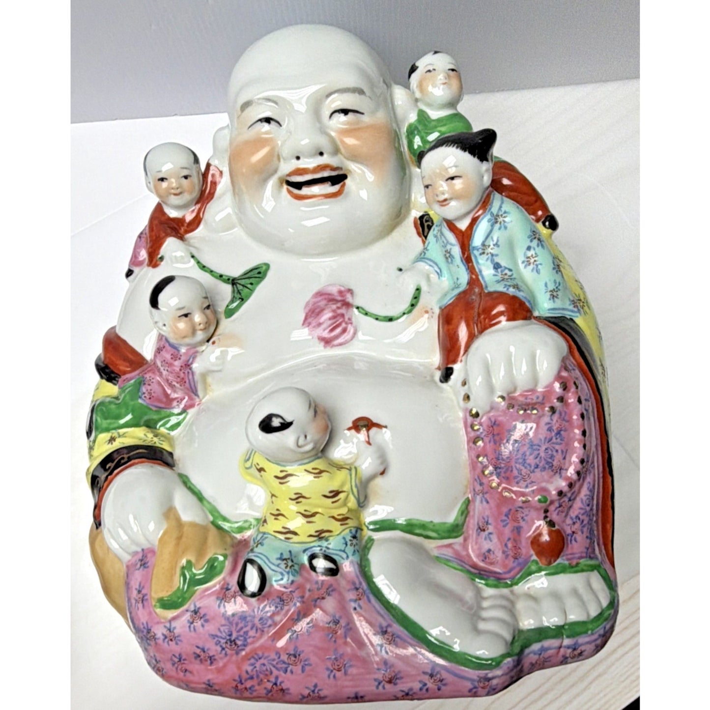 Chinese Famille Rose Jaune Laugh Buddha Fertility Painted 5 Children 12" Stamped