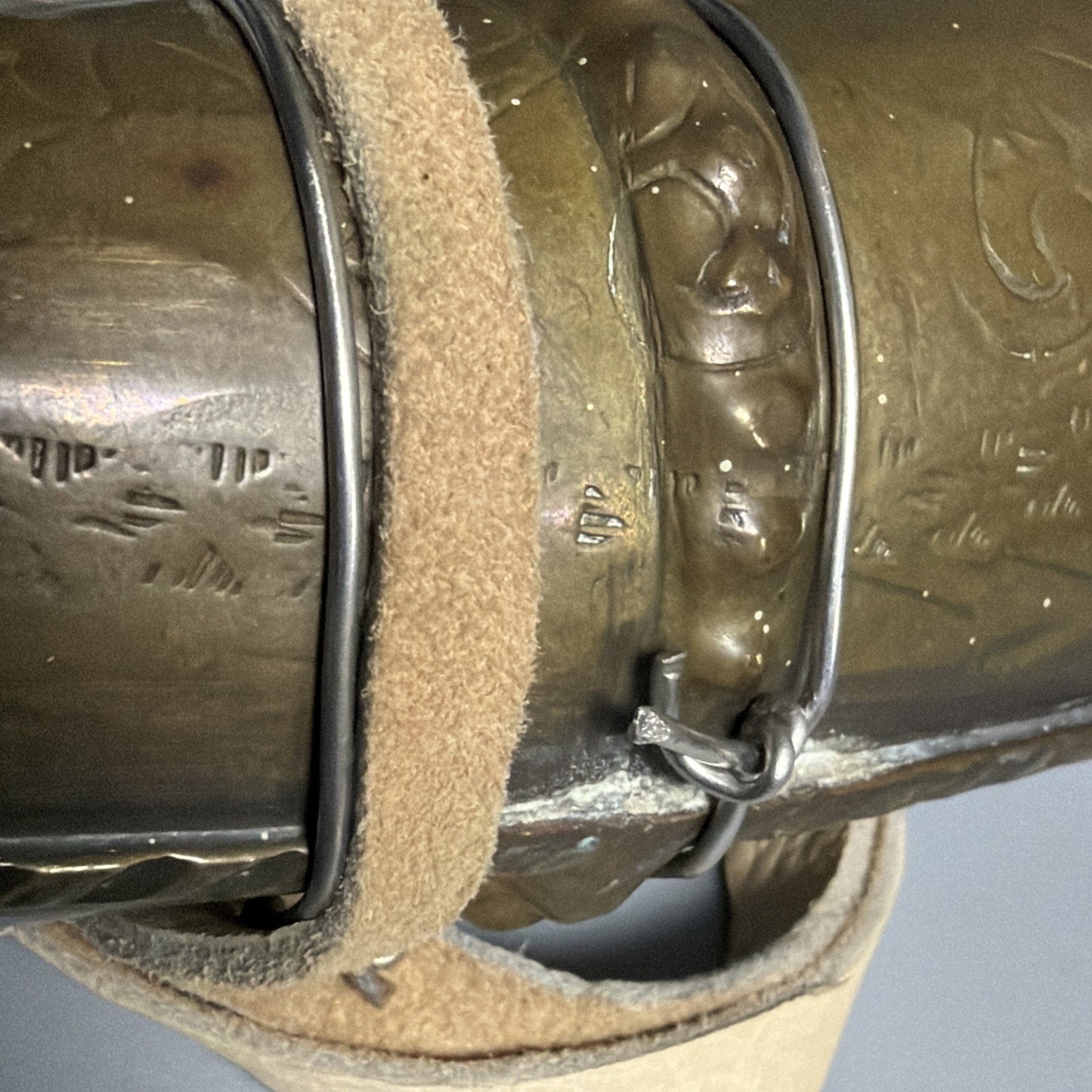 Antique Moroccan Brass Steel Black Powder Horn Flask Shot Strap As Is