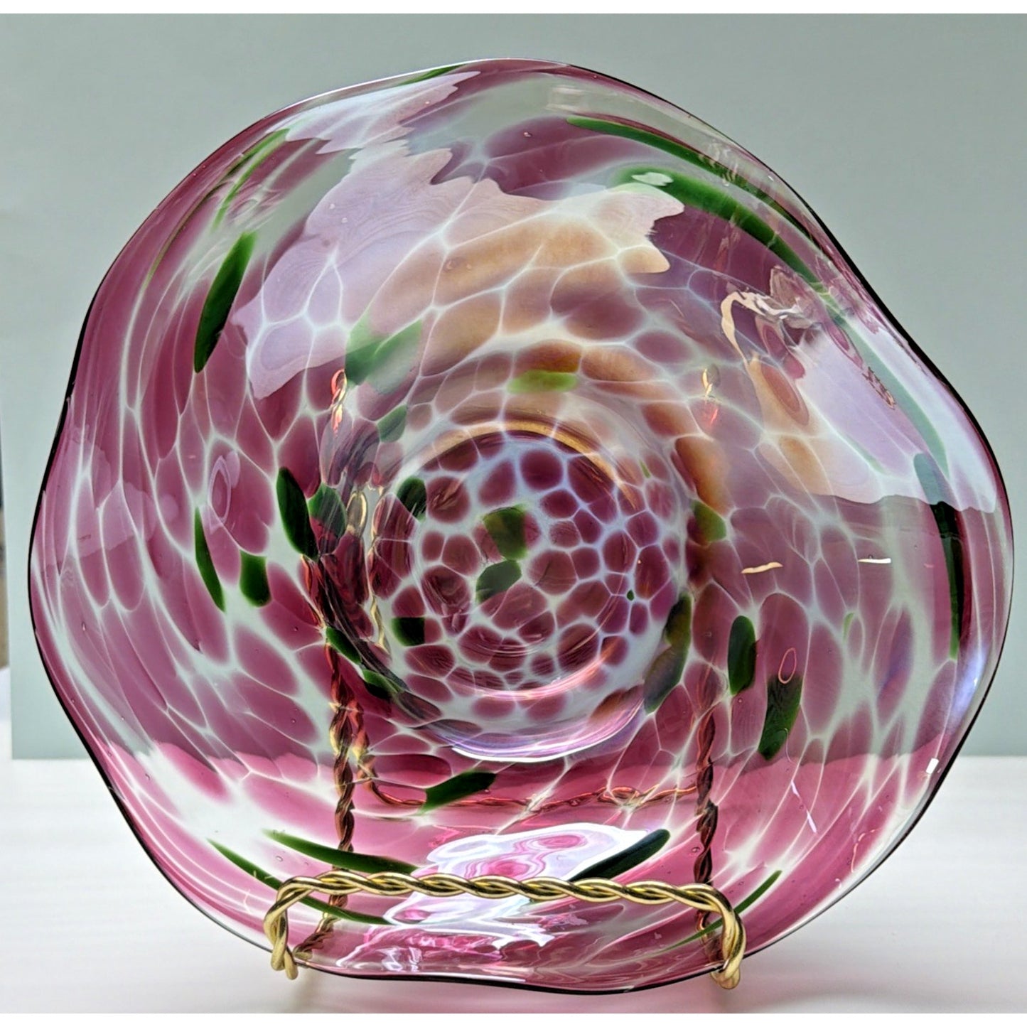 Vintage Blown Glass Bowl Iridescent Mottled Green Cranberry Purple Gold