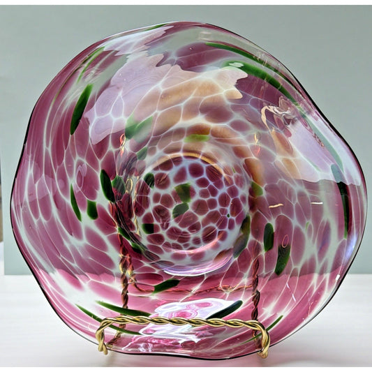 Vintage Blown Glass Bowl Iridescent Mottled Green Cranberry Purple Gold