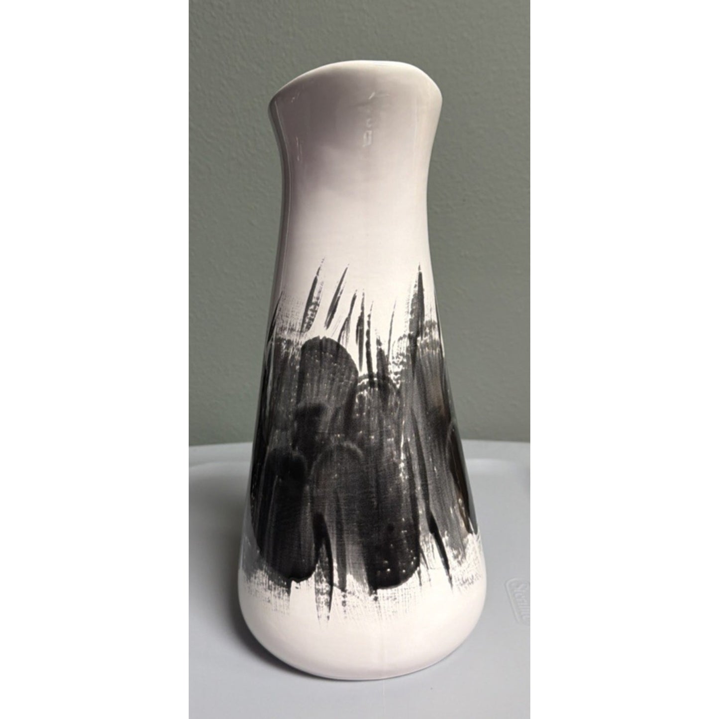 MCM Abstract Art Pottery Vase Black White Brushed Glazed Asymmetrical Signed