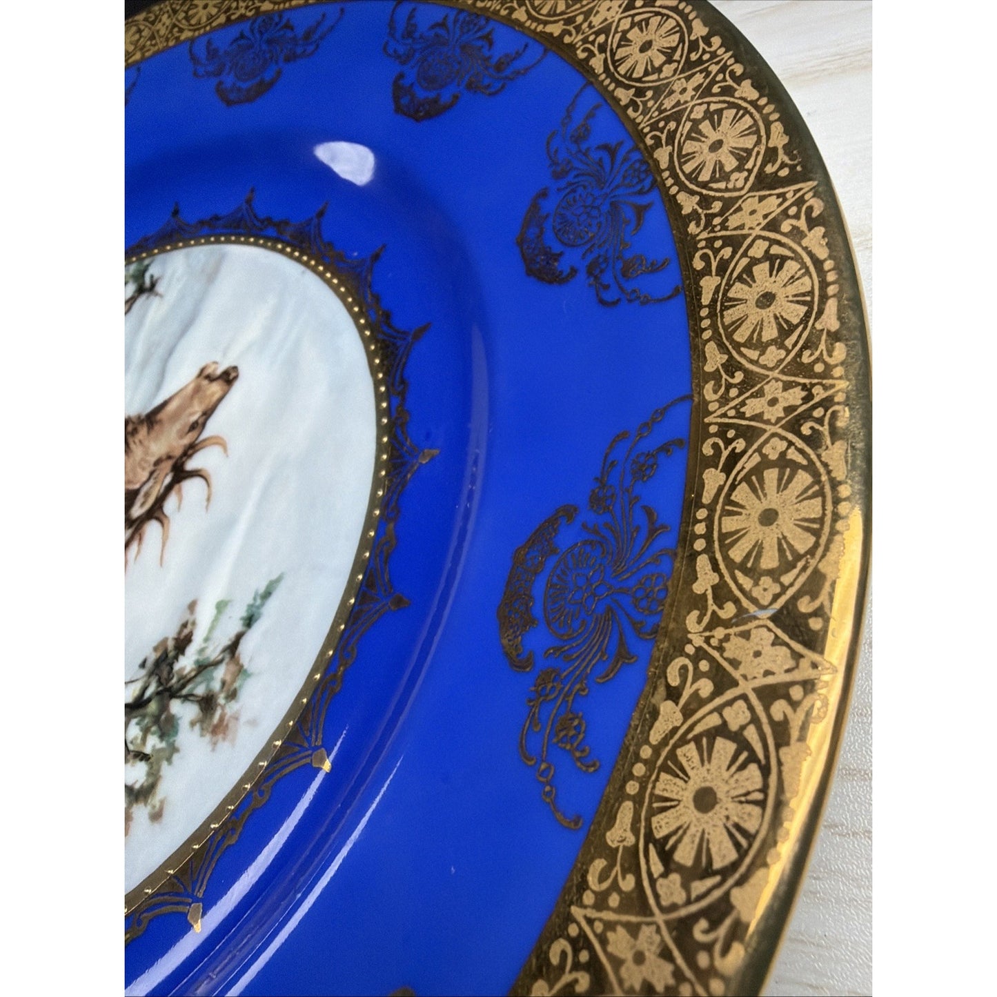 Vintage STW Bavaria Cobalt Blue Game Plate Gold Ornate Elk
