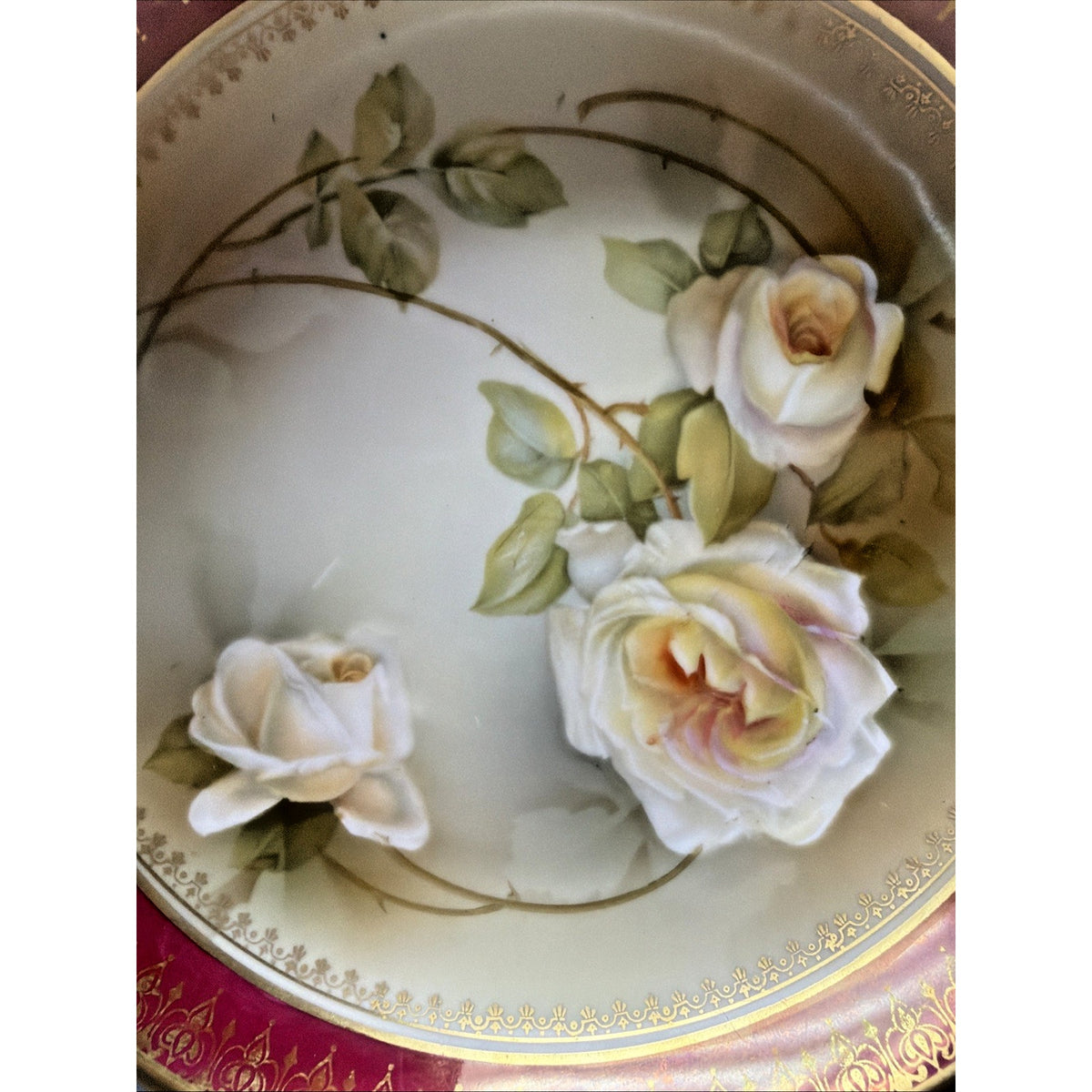 Antique RS Prussia Germany Hand Painted Rose Handle Bowl Platter Ornate Burgundy