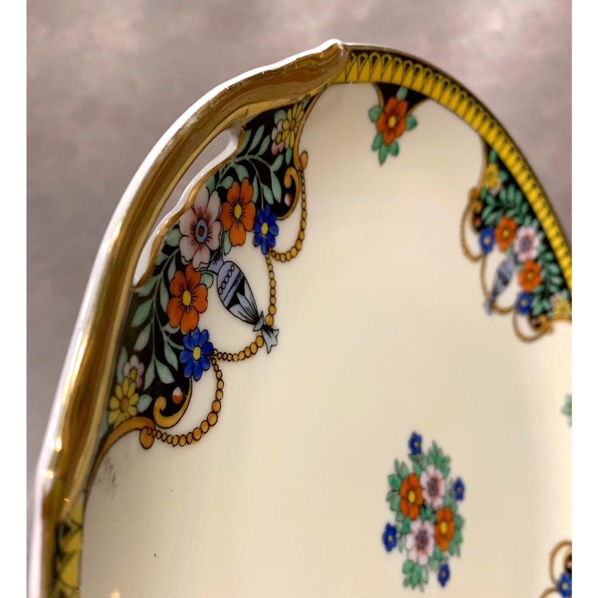 Art Deco Noritake Morimura Japan Hand Painted Serving Plate Handles Black Floral