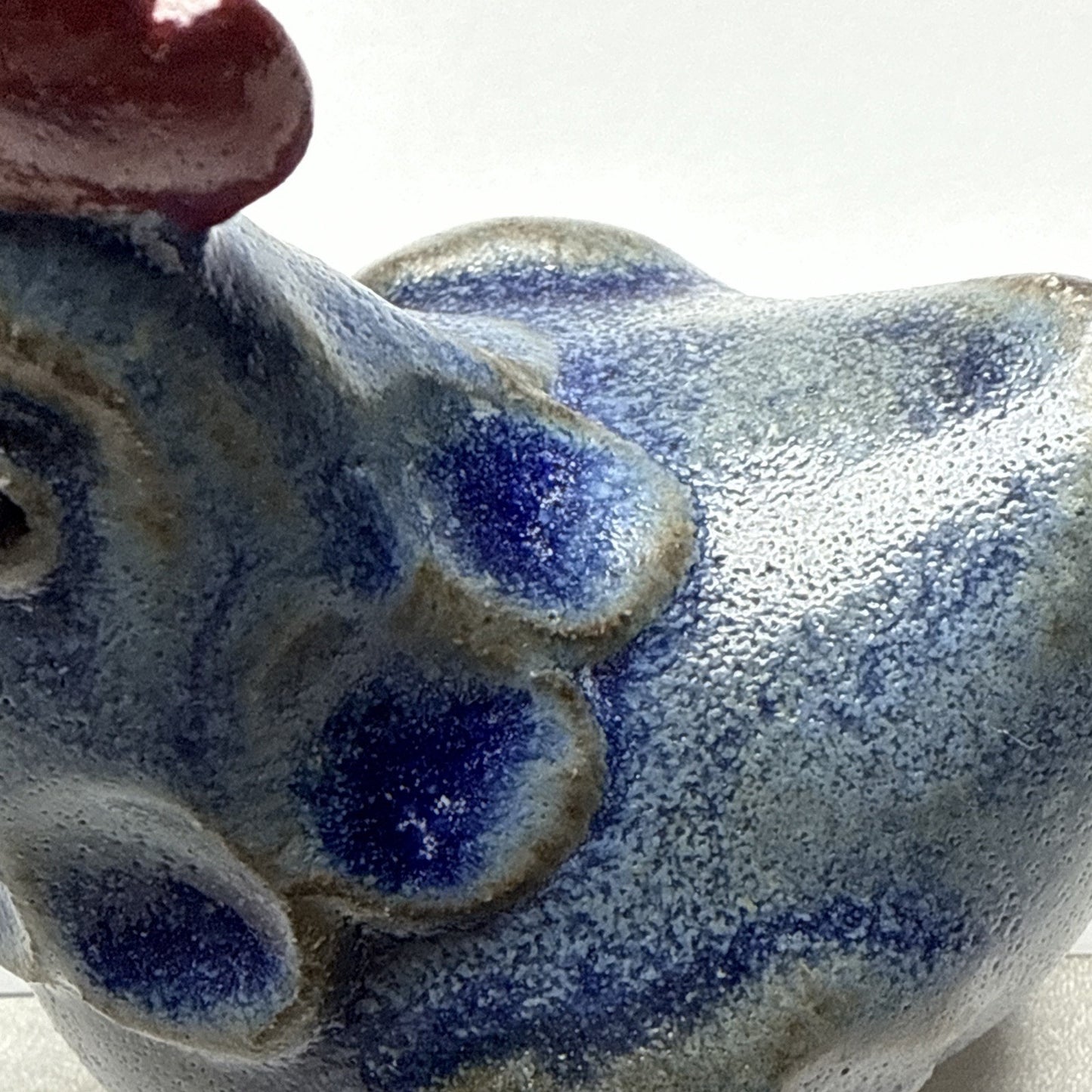 Vintage Folk Art Stoneware Hen Rooster Chicken Figurine Blue Red Glazed