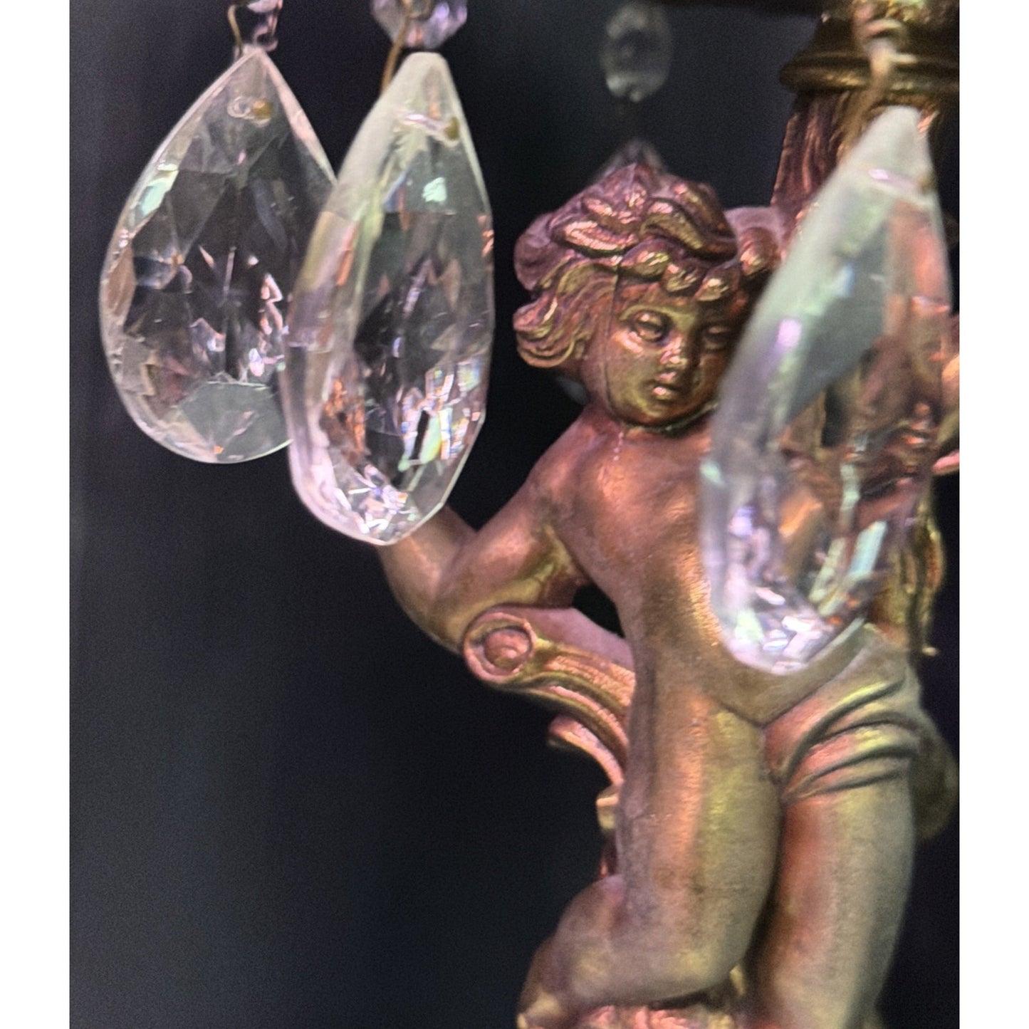 Hollywood Regency Brass Cherub Crystal Cut Globe Marble Parlor Lamp Waterfall