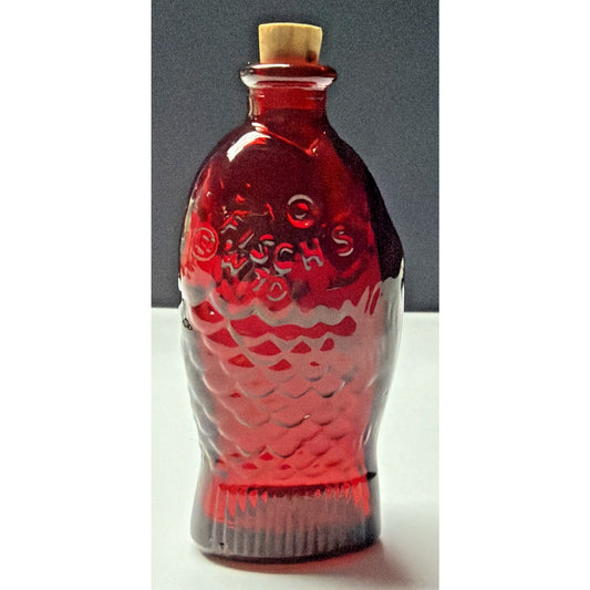 Vtg Wheaton Glass Doctor Fischs Bitters Ruby Red Glass Fish Mini Bottle Cork