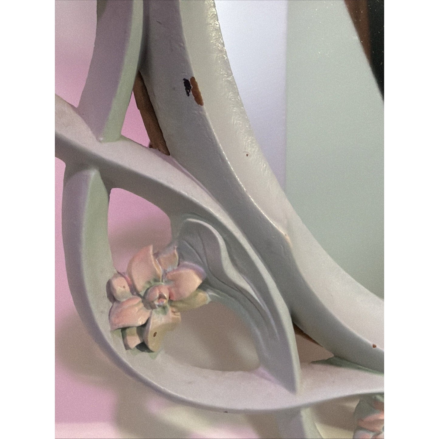 Vintage Syroco Wood Ornate Standing Hanging Mirror Green Pink Flower Buds As Is